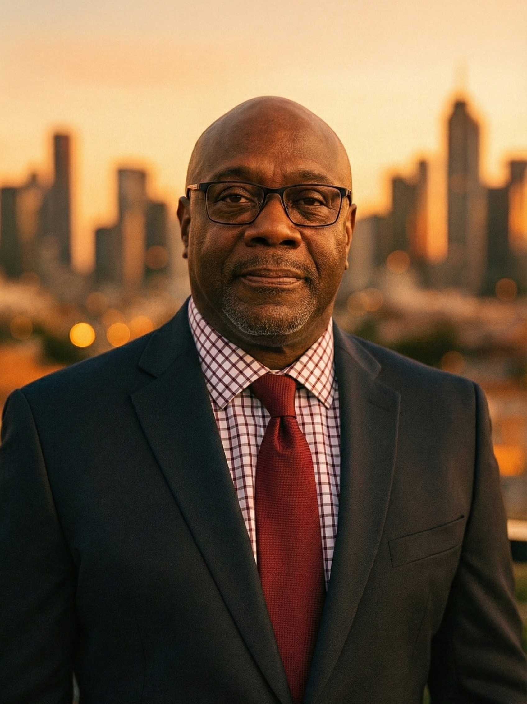 Headshot of Ivory wearing a navy suit, white shirt and maroon tie on a rooftop with a city skyline in the background.